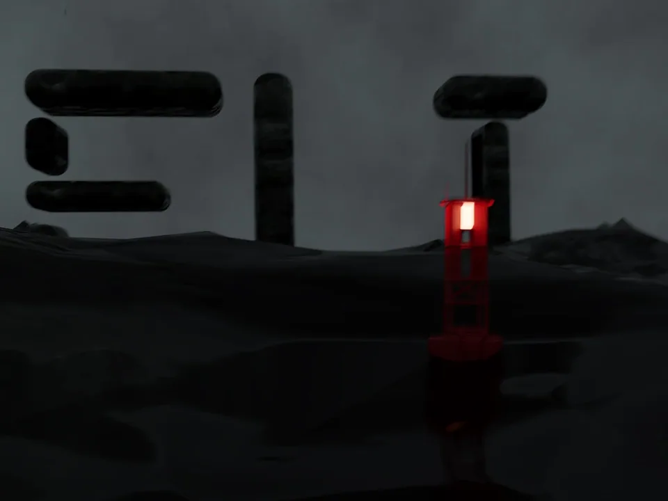 3D animation still: the letters ELI standing in a dark landscape