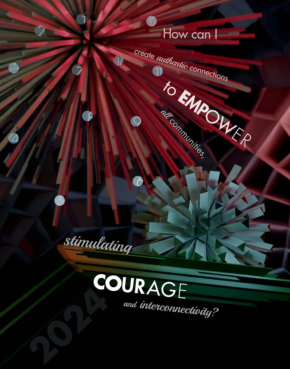 Calling Intention poster: an explosive radial pattern with the words empower and courage
