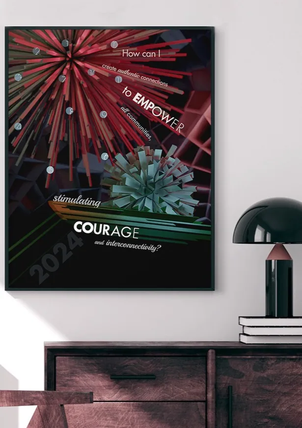 Calling Intention poster framed above a sideboard with a lamp
