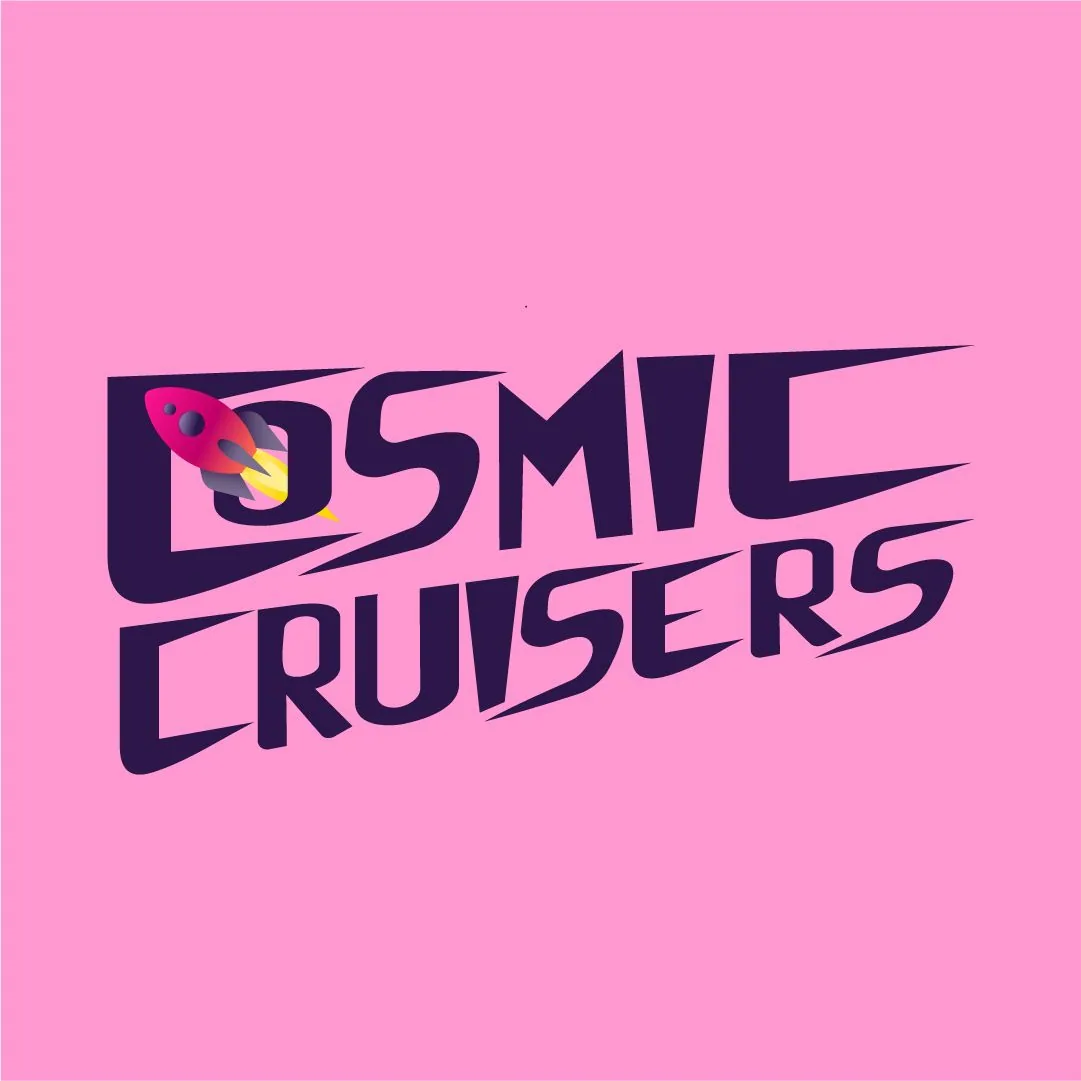 Cosmic Cruisers wordmark in dark purple on pink