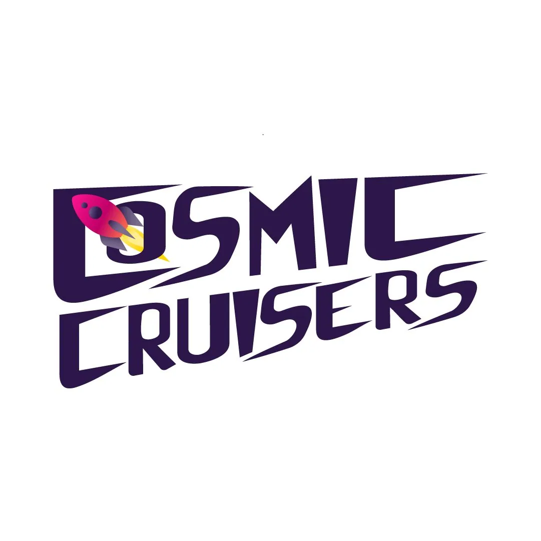 Cosmic Cruisers wordmark in dark purple on white, with a pink rocket over the first letters