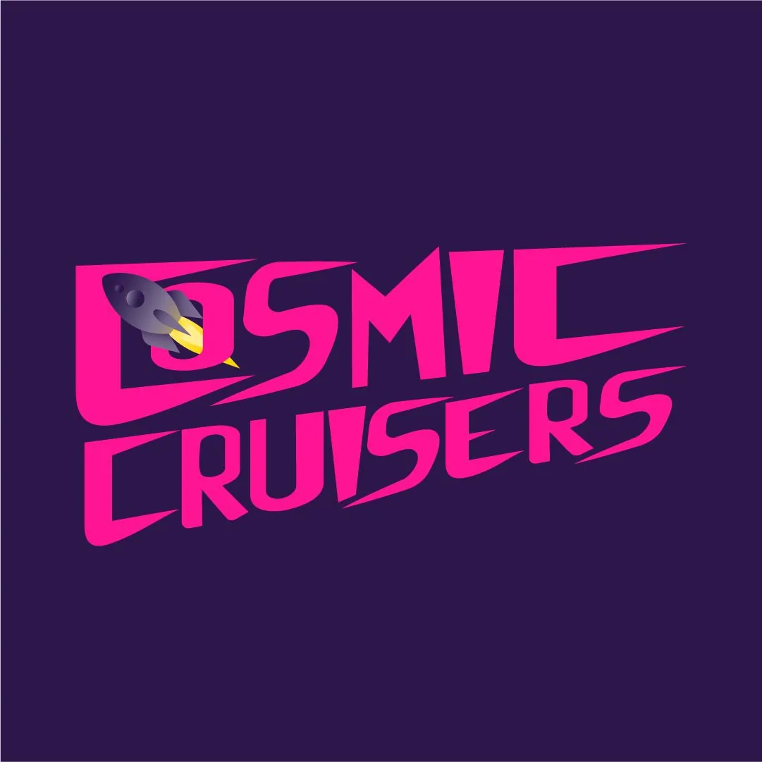 Cosmic Cruisers wordmark in hot pink on dark purple, with a gray rocket over the first letters