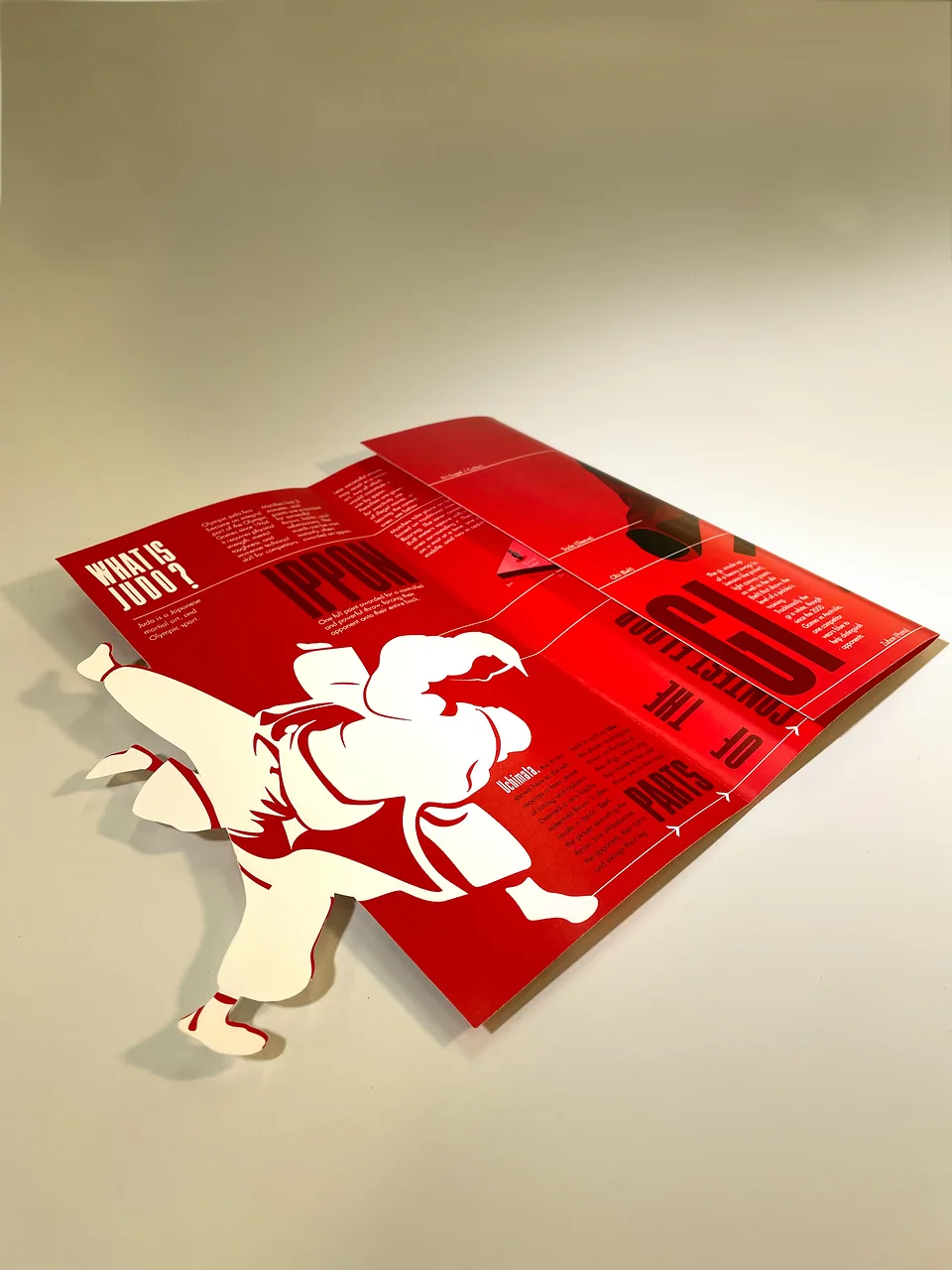 Paris 2024 judo brochure laid open, featuring a red judoka illustration