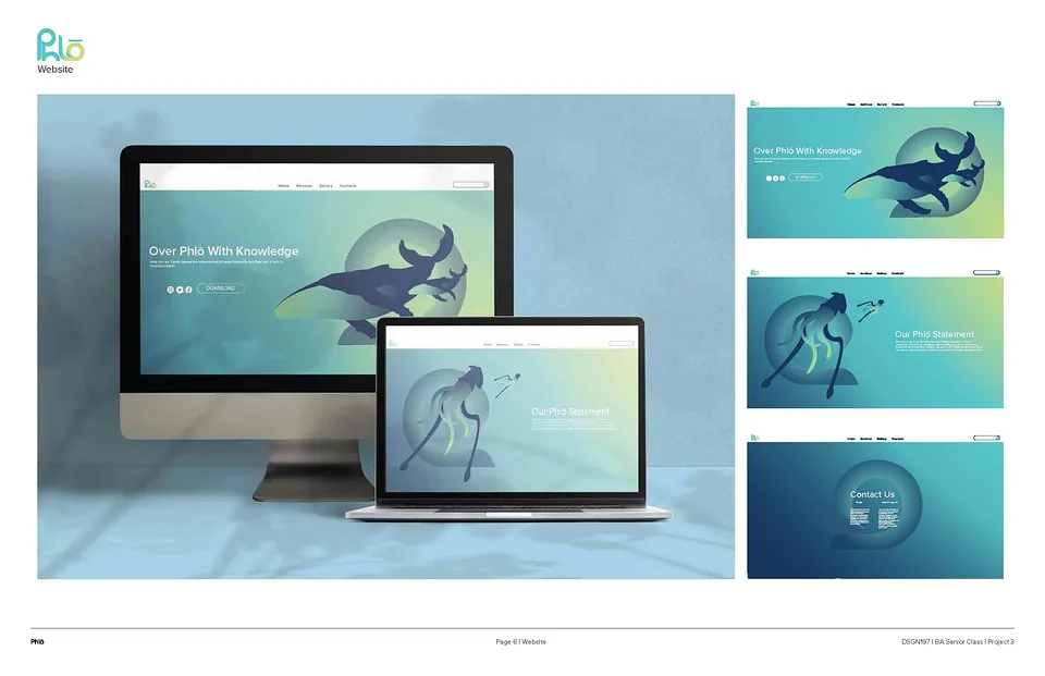 Phlō brand guideline page showing desktop and mobile website mockups