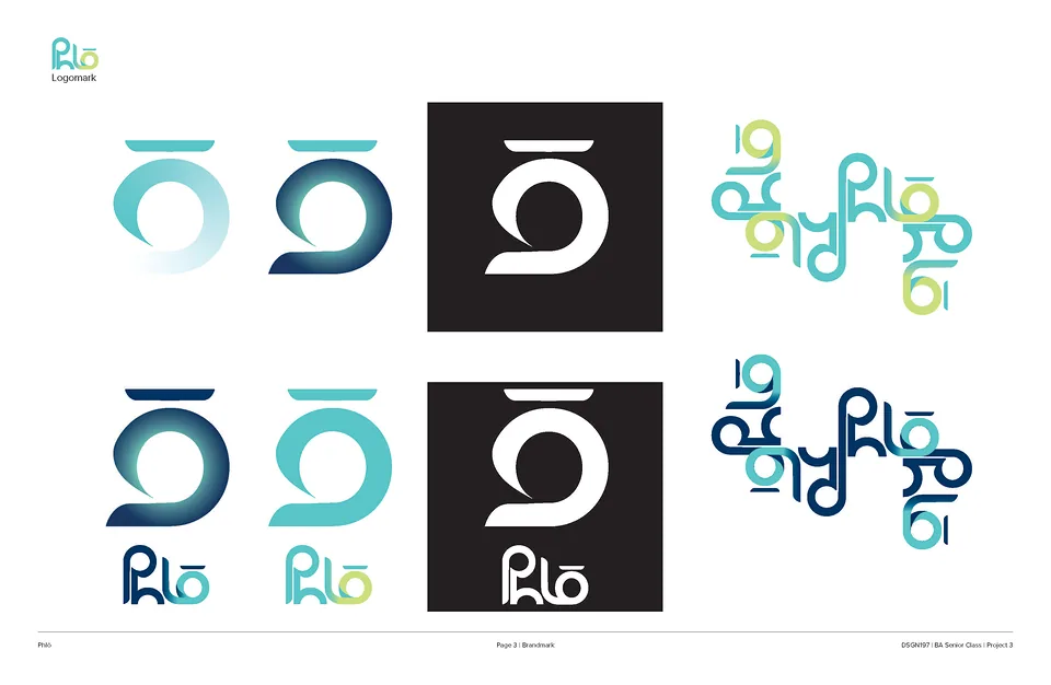 Phlō brand guideline page showing the logo mark and pattern variations