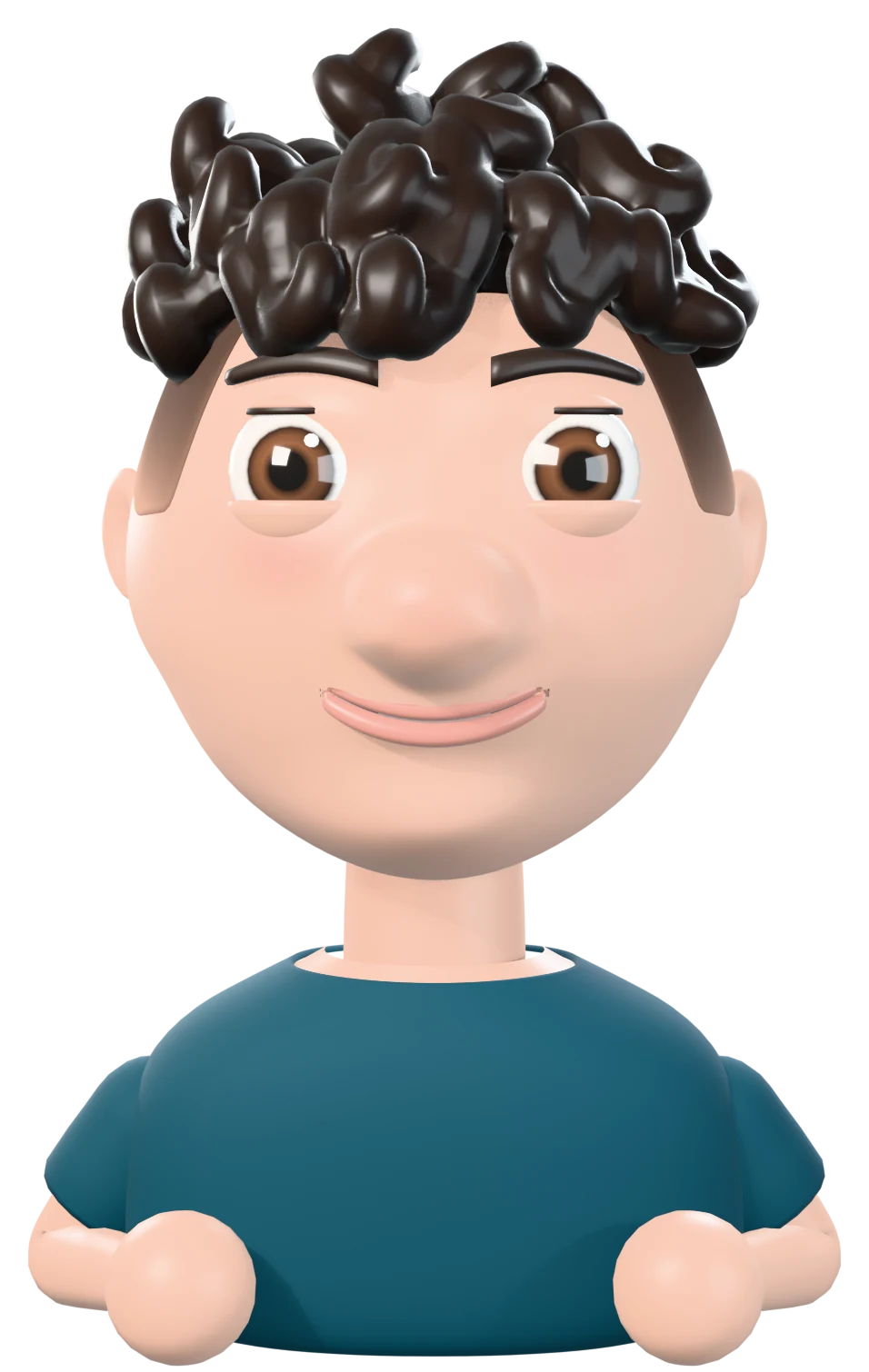 Stylized 3D avatar of Eli Landsman with curly dark hair and a big round nose, in a deep teal t-shirt, smiling