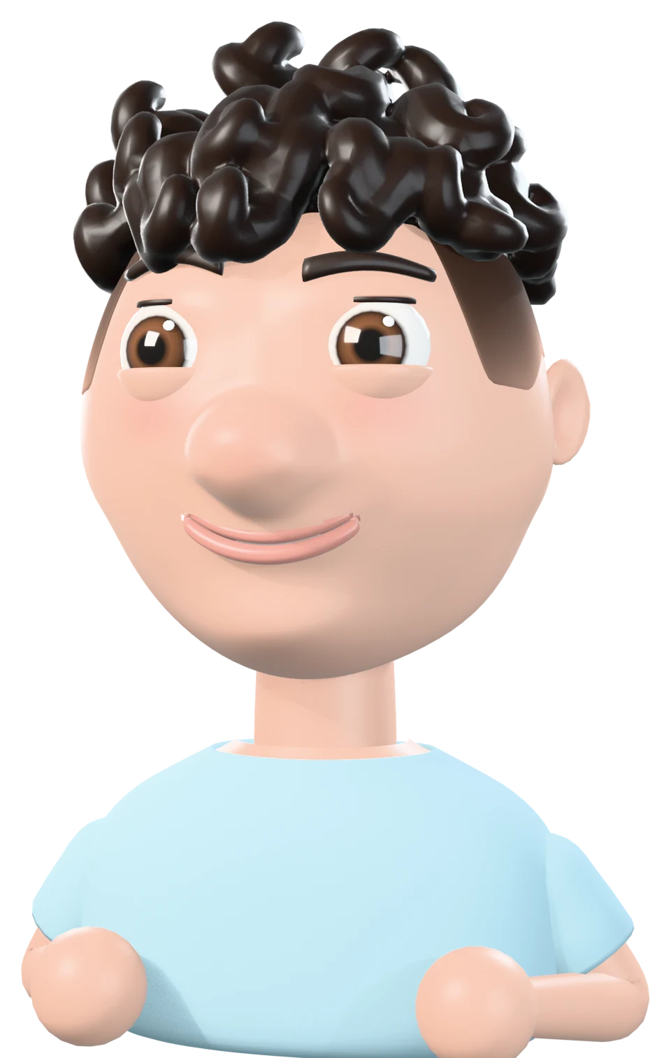 Stylized 3D avatar of Eli Landsman with curly dark hair and a big round nose, in a sky blue t-shirt, smiling