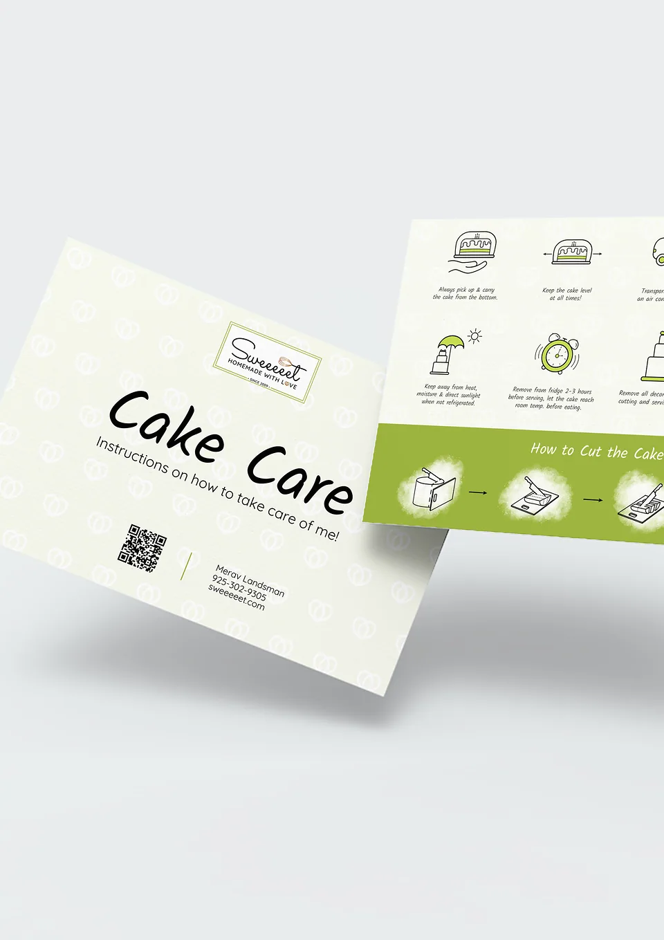 Sweeeeet.com cake care instruction cards in cream and green