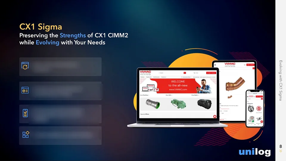 Unilog deck slide: CX1 Sigma strengths beside a laptop, tablet and phone storefront mockup