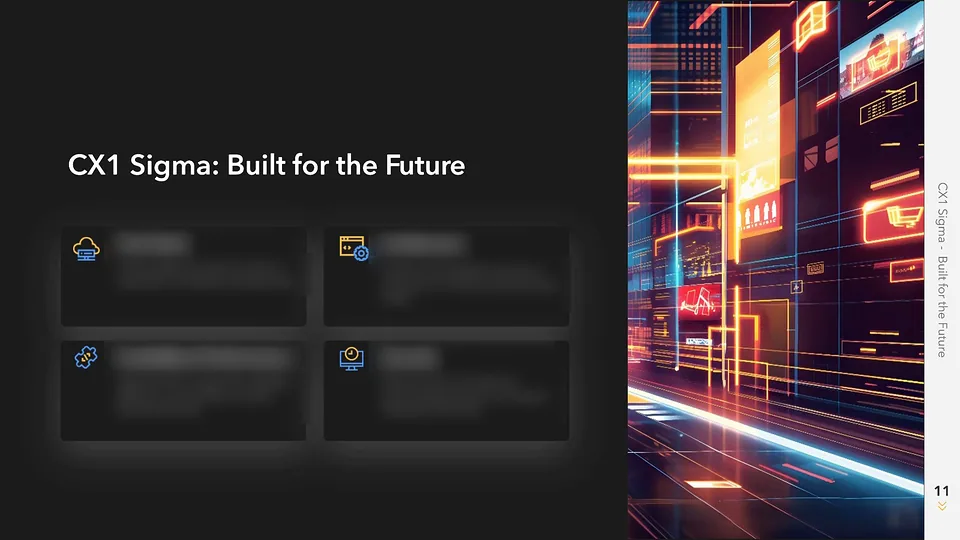 Unilog deck slide: CX1 Sigma Built for the Future, four cards beside a neon city image