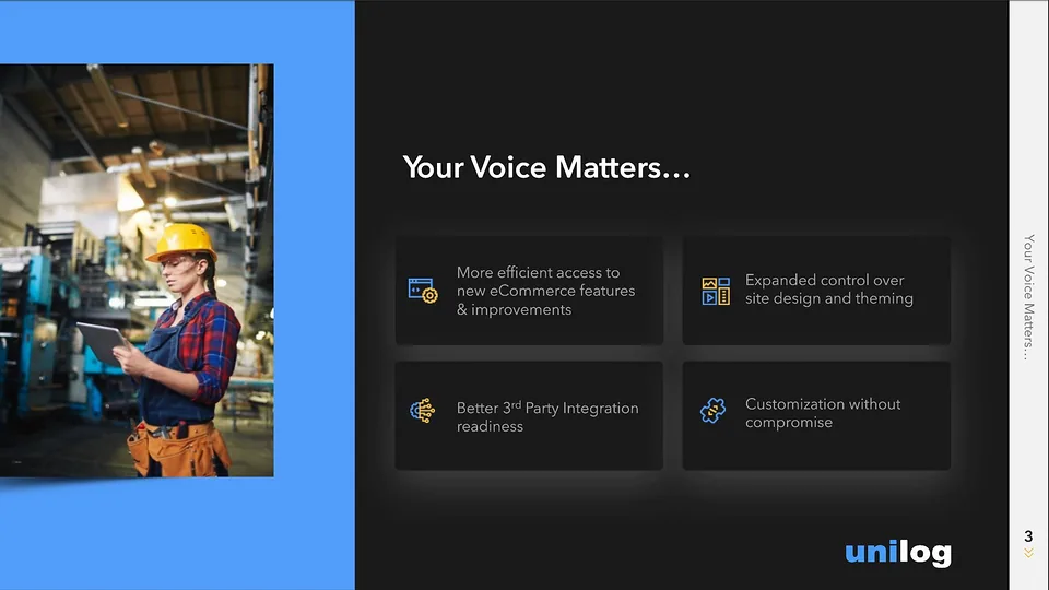 Unilog deck slide: Your Voice Matters, four feedback cards
