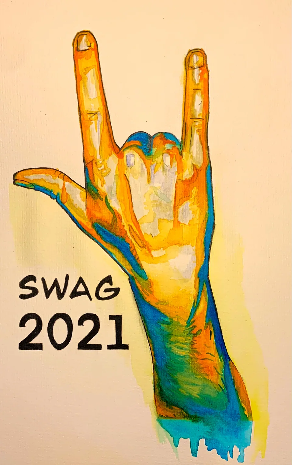 Watercolor painting of a hand making a rock-on gesture, titled Swag 2021