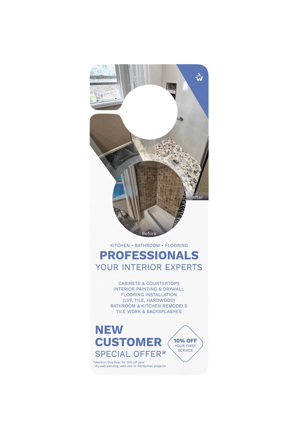 Wilt Home Services door hanger, front, with a special offer for new customers